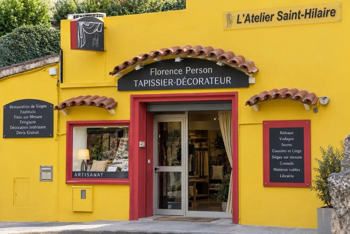 L’atelier de tapisserie, rouleaux de tissu et outils